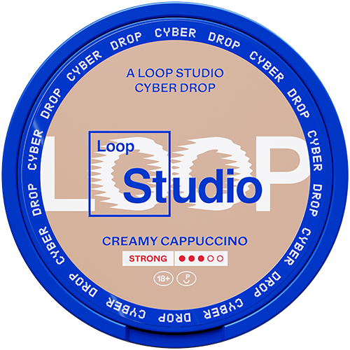 a blue and brown nicotine pouche of LOOP in flavour creamy cappuccino with a strong strength 