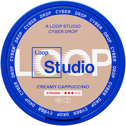 a blue and brown nicotine pouche of LOOP in flavour creamy cappuccino with a strong strength 