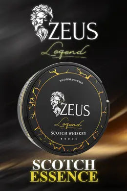 ZEUS Legend Scotch Whiskey essence packaging with brand logo on a dark background